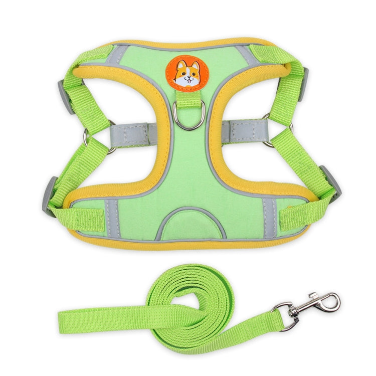 Green dog chest traction harness with yellow trim and attached leash rope clip
