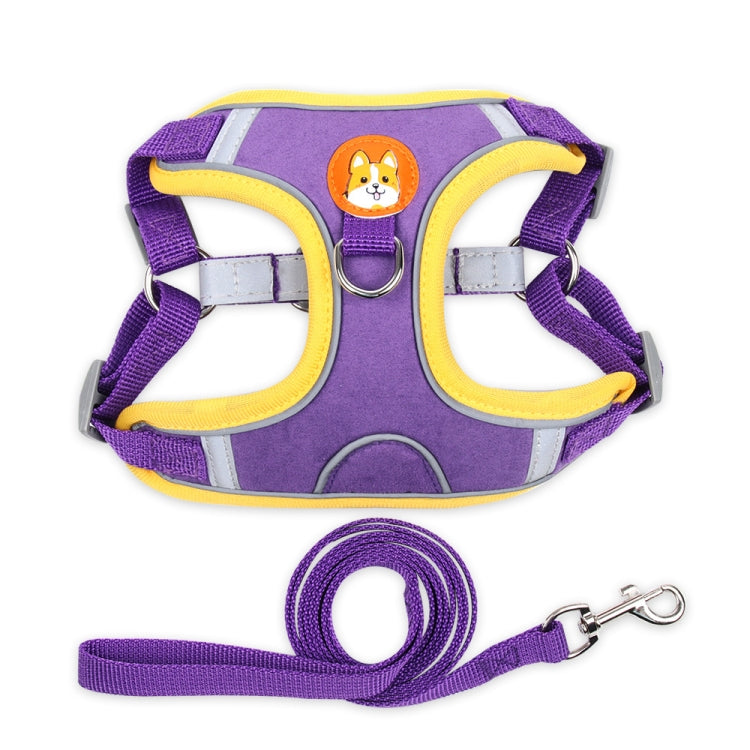 Purple reflective dog chest traction harness with yellow trim and purple rope leash