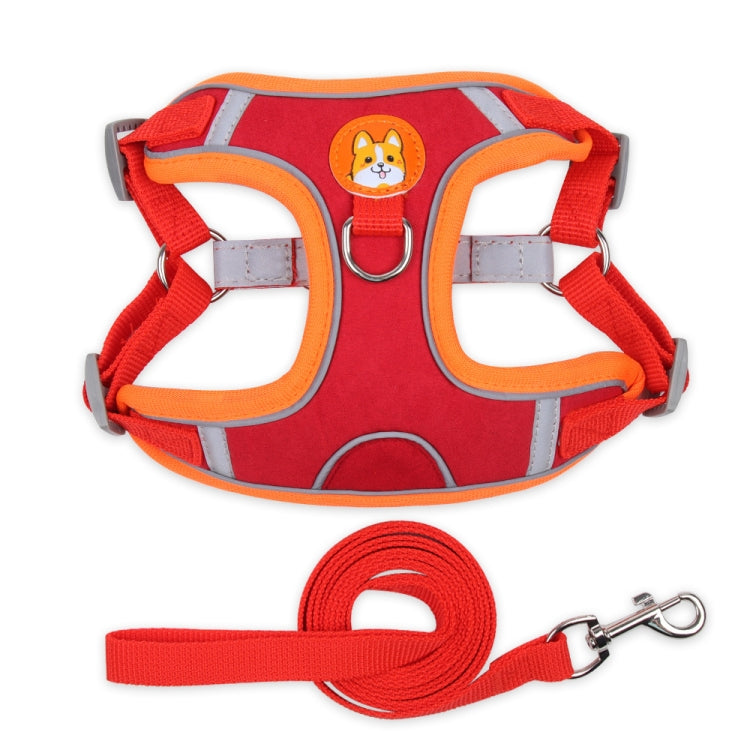 Red reflective dog chest traction harness with orange rope leash and adjustable straps