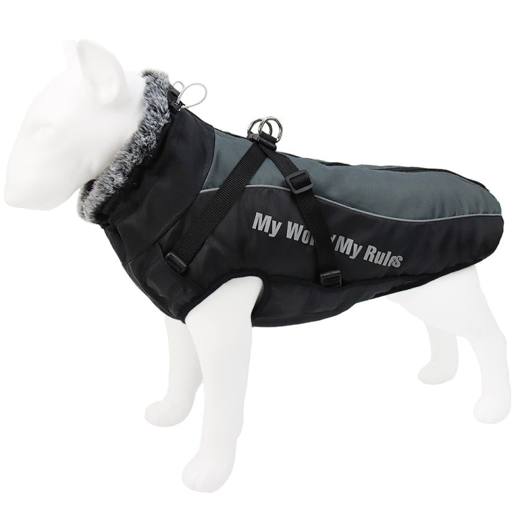 Warm dog winter coat, black with dark green back panel and fuzzy collar trim