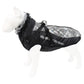 Warm dog winter coat, black with gray patterned back panel and fuzzy collar trim