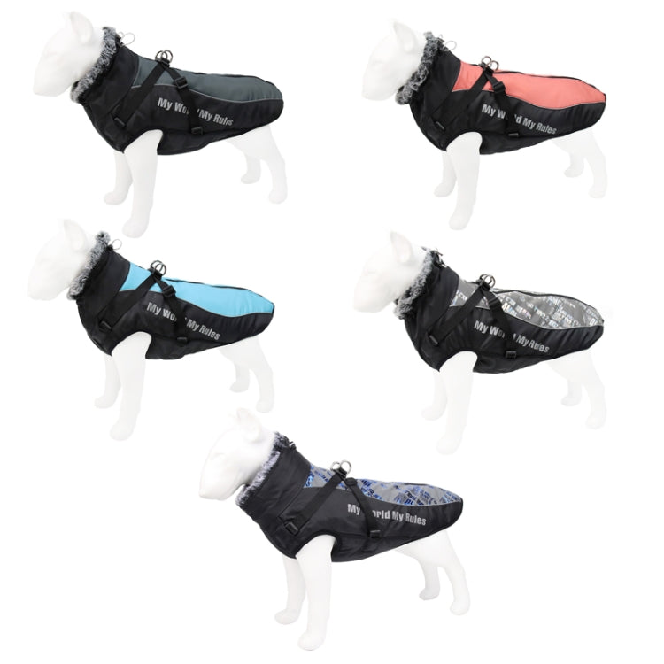 Reflective dog winter coat set, black coats with gray, red, blue, and silver panels