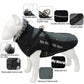 Reflective dog winter coat, black with gray faux-fur collar, traction belt, and straps
