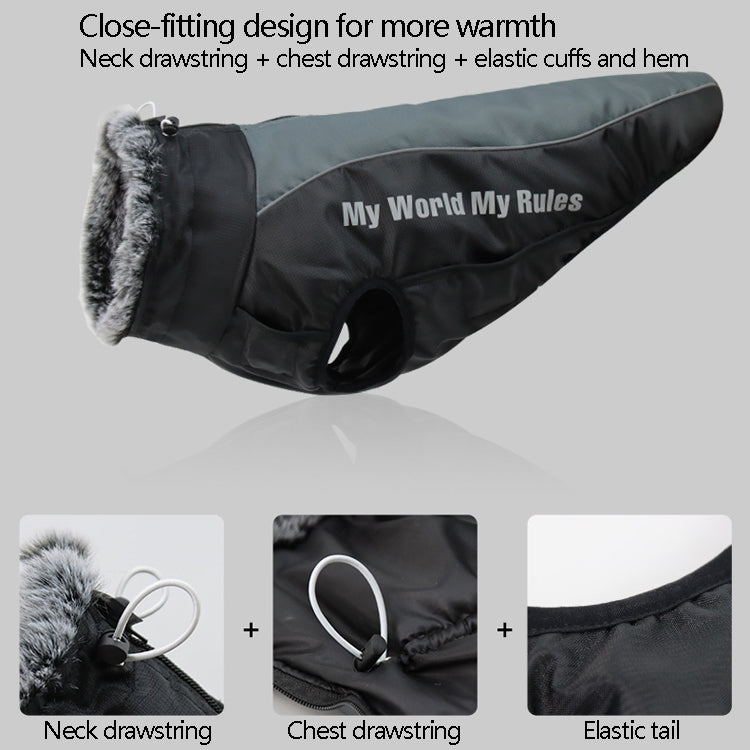 Reflective dog winter coat close-up, black padded design with elastic tail opening and lettering