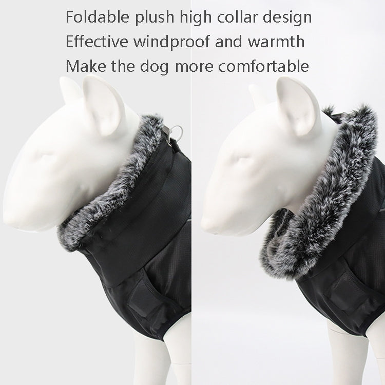 Reflective dog winter coat, black high collar with gray faux-fur trim and rounded neckline