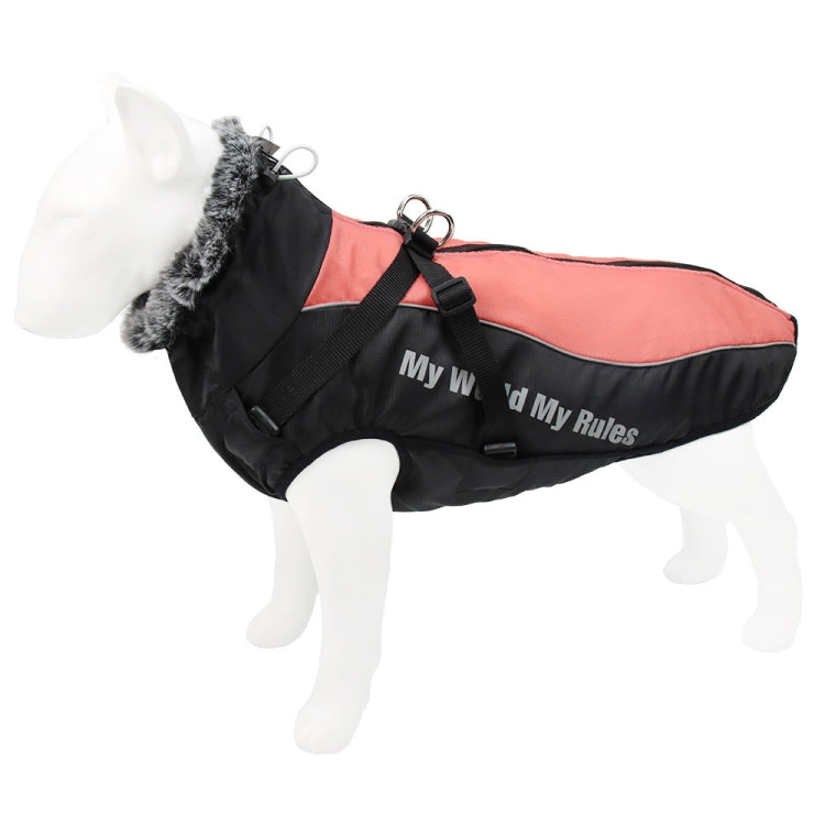 Reflective-style dog coat, black with coral red panel, harness straps and fuzzy hood