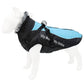 Reflective-style dog coat, black with sky blue panel, harness straps and fuzzy hood