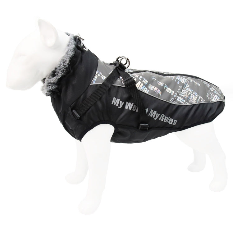 Reflective dog winter coat, black with patterned reflective back panel and adjustable straps