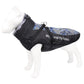 Reflective dog winter coat, black with light blue patterned back panel and adjustable chest straps