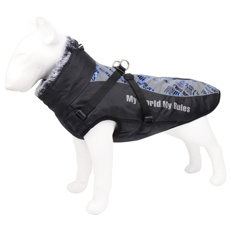 Reflective dog winter coat, black with light blue patterned back panel and adjustable chest straps