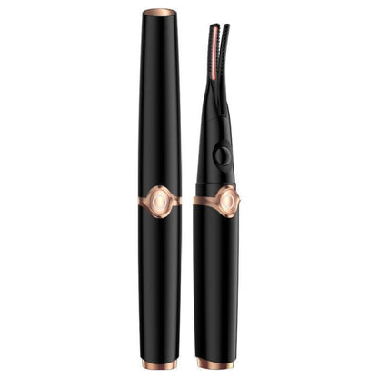 Heated electric eyelash curler with black barrel and rose-gold accents