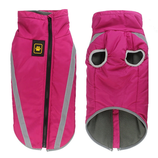 Rose red dog winter coat with hood, front zipper, reflective silver stripes, paw logo patch.