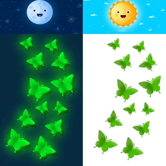 Green luminous 3D butterfly wall stickers, glowing butterflies set.