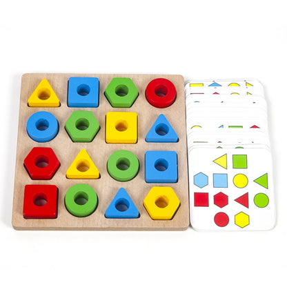 Geometric matching blocks puzzle toy with colorful shapes and two matching cards