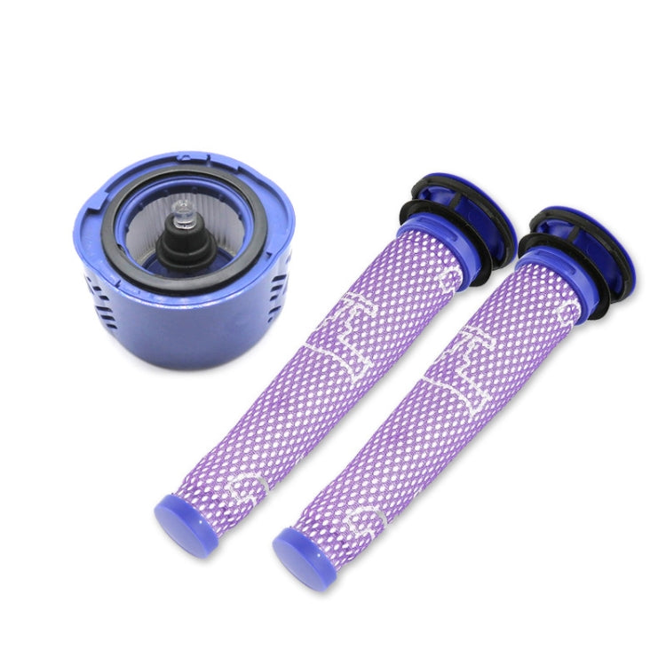 Blue circular Dyson V6 filter with black seal and two purple mesh cylinders