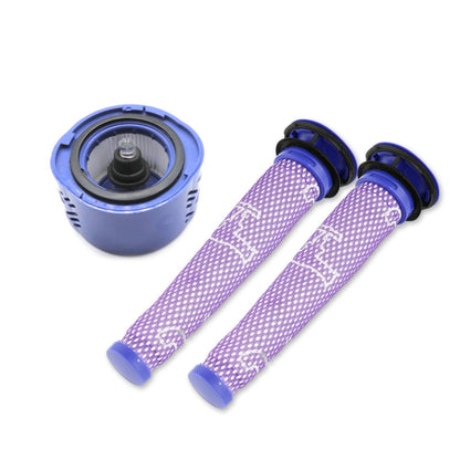 Blue circular Dyson V6 filter with black seal and two purple mesh cylinders