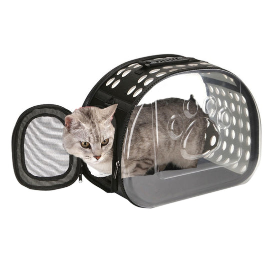 Black transparent pet carrier with mesh door and gray cat, side view