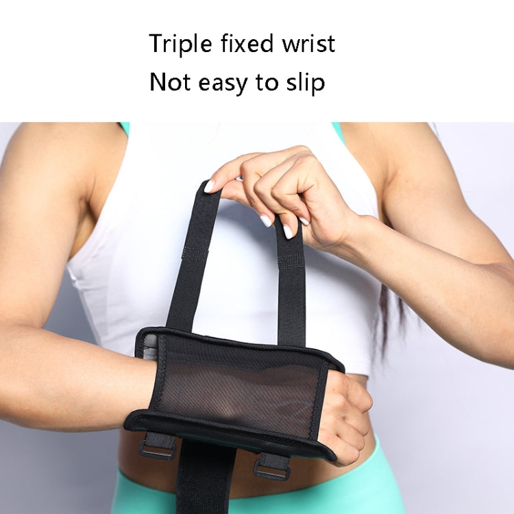 Black wrist support brace with wide strap and rigid plate, fastened around the wrist