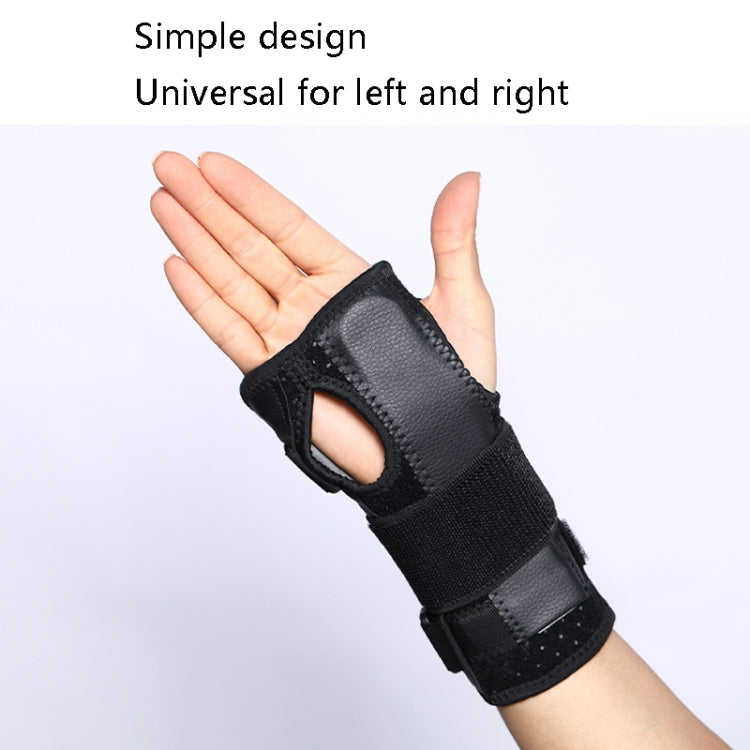 Black wrist brace with textured fabric and rigid plate, open palm view