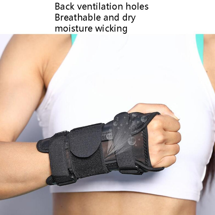 Black wrist brace with ventilation back design and rigid plate support, secured on wrist