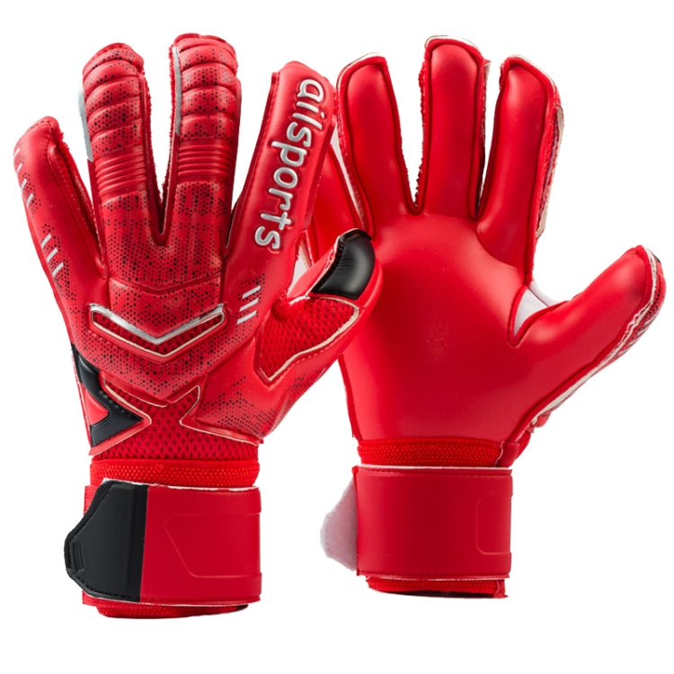 Red goalkeeper gloves with latex finger protection, pair