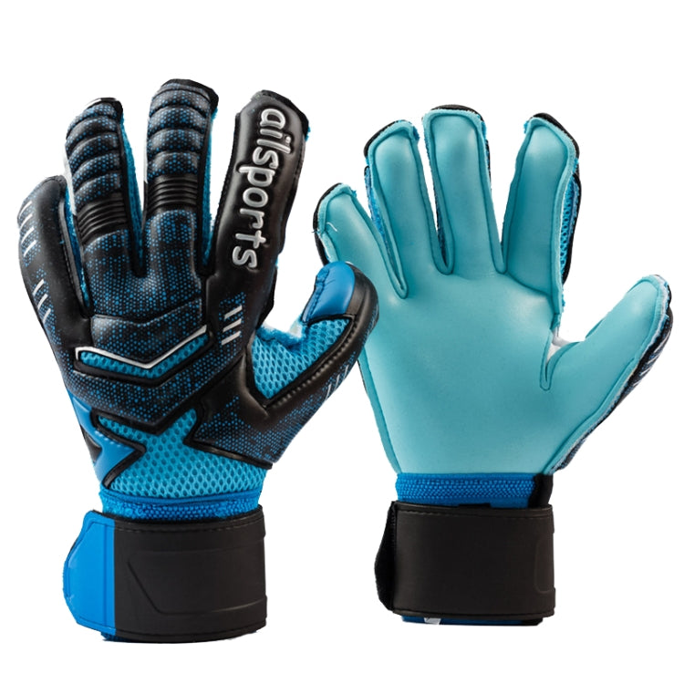 Goalkeeper gloves, teal blue and black, textured grip palms and padded wrist cuffs