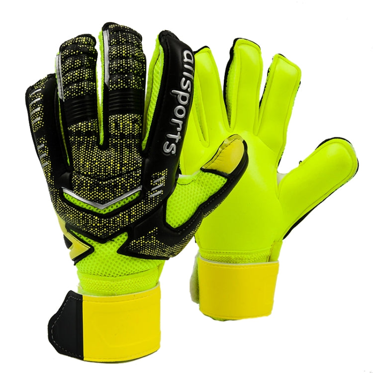 Goalkeeper gloves, lime green and black, textured grip palms and thick wrist protection