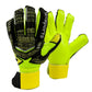 Neon yellow goalkeeper gloves with black dotted grip and thick wrist cuff.