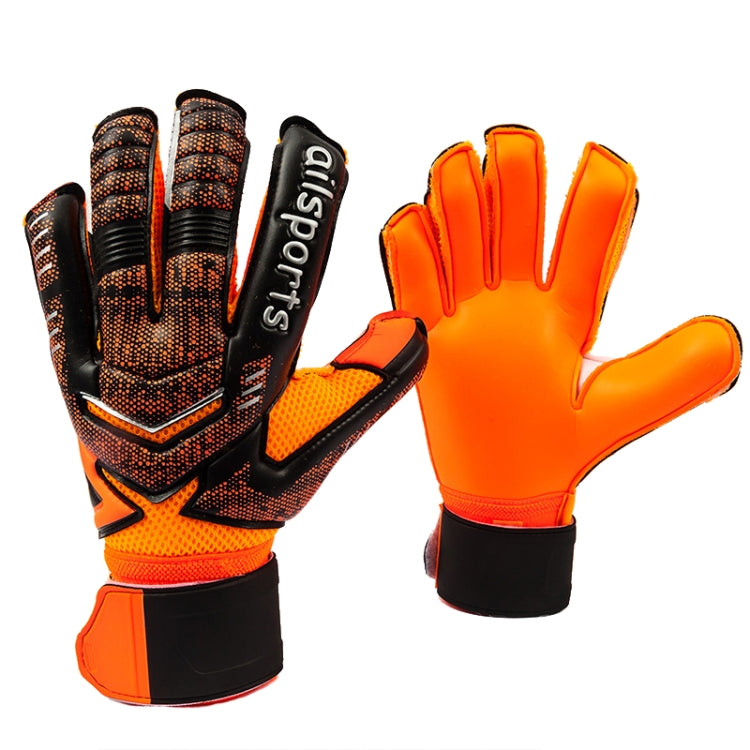 Orange goalkeeper gloves with black wrist guard and raised latex finger panels.