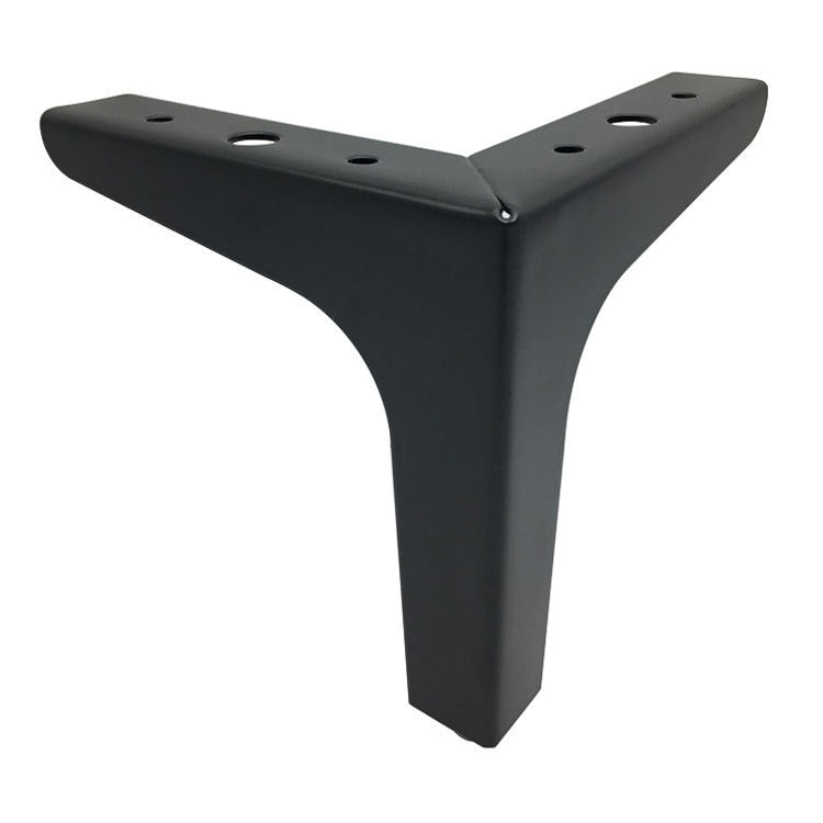 Matte black metal sofa leg bracket with two bolt-hole plates, angled view