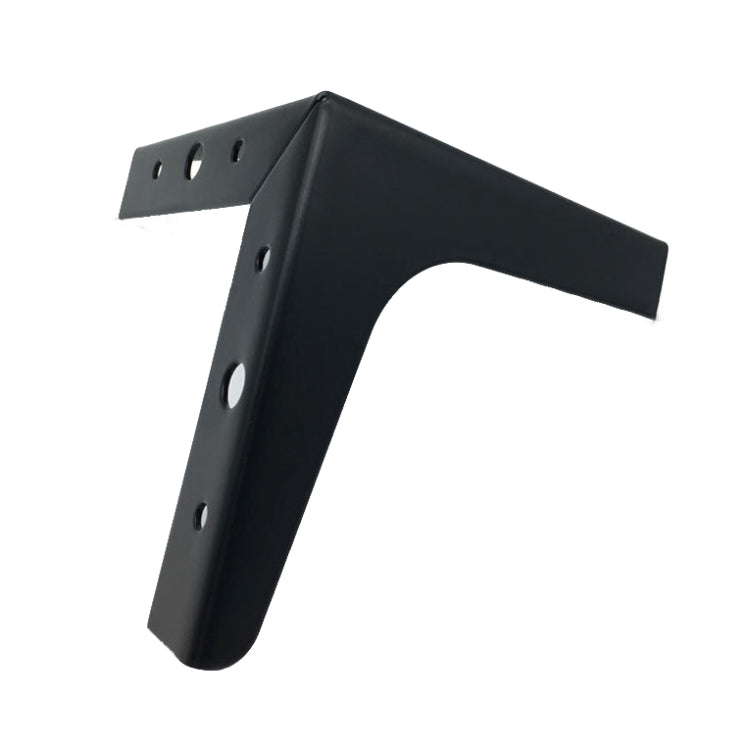 Matte black metal sofa leg bracket with side bolt holes, angled