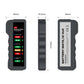 Battery tester size diagram with LED display and rear label markings