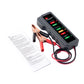 Battery tester with copper alligator clips, cable, and included instruction sheet
