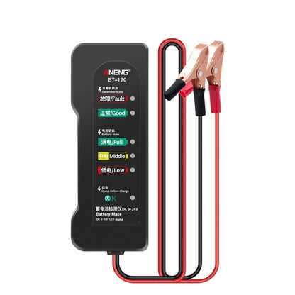 12V battery tester with red and black test leads and alligator clamp clips