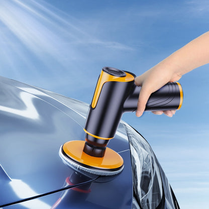 SUITU car waxing and polishing machine with yellow-and-black pad, handheld in use