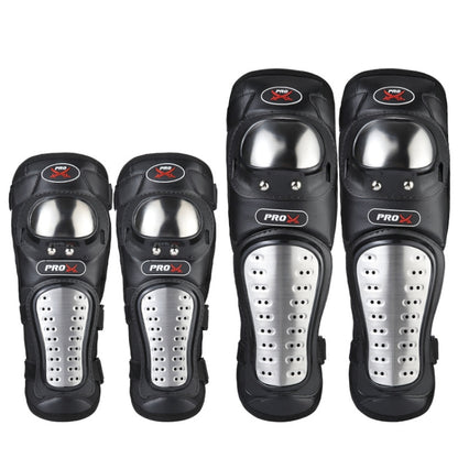 Set of black motorcycle knee guards with silver perforated impact plates and PRO-X logos