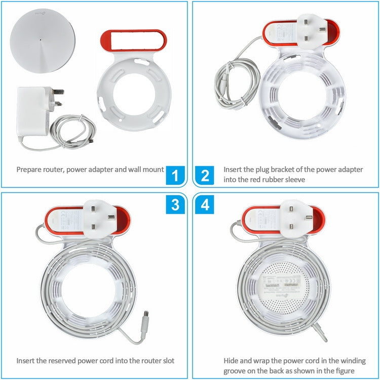 Router wall mount bracket kit with white mounting ring and power adapter with UK plug