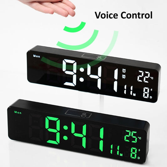 LED digital alarm clock showing green time and temperature; second view with white display