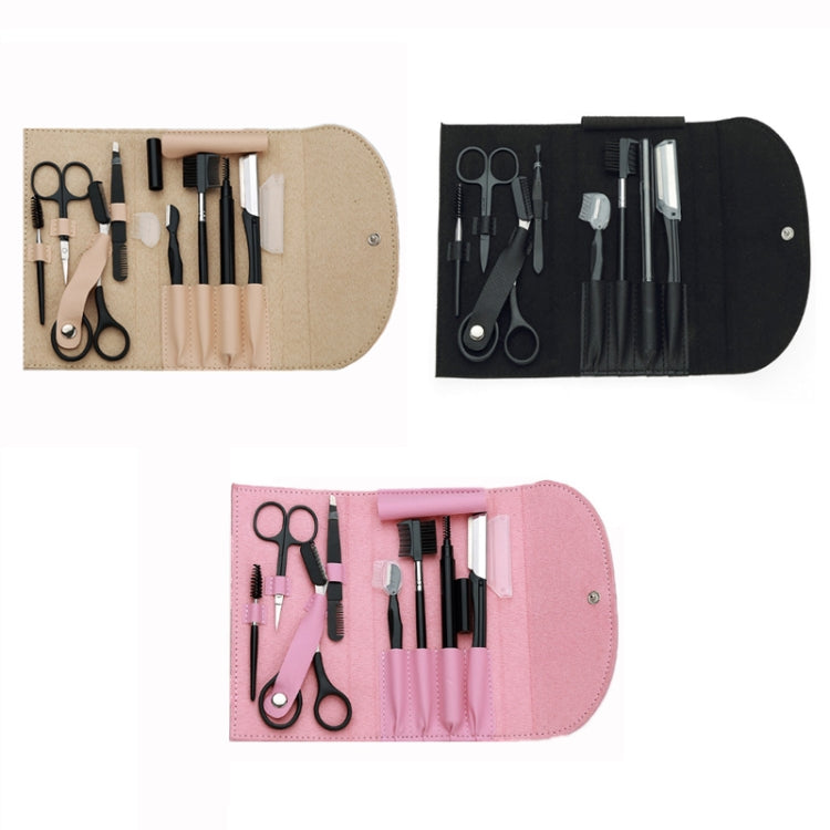 Eyebrow trimming tool set with three roll pouch colors: beige, black, and pink