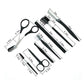Eyebrow trimming tool set pieces laid out: scissors, combs, razors, and tweezers