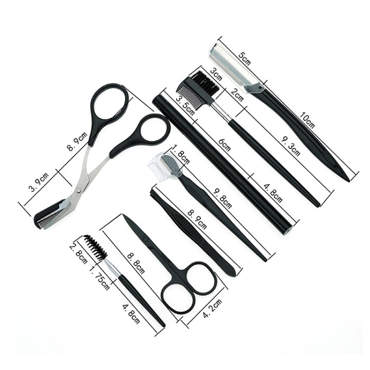 Eyebrow trimming tool set pieces laid out: scissors, combs, razors, and tweezers