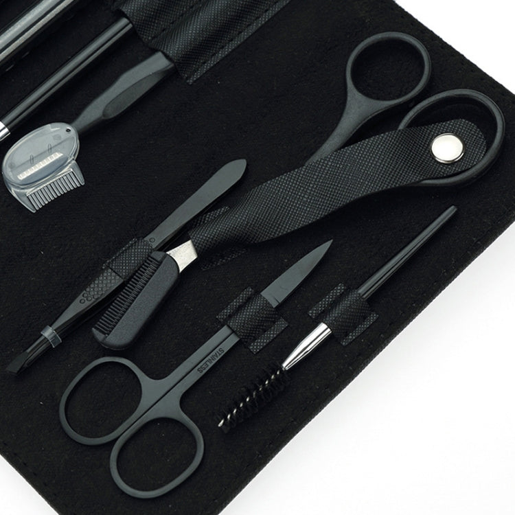 Eyebrow trimming tools on dark pouch: scissors, comb, tweezers, and trimmers
