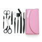 Pink eyebrow trimming tool set with tools laid out beside the roll pouch case