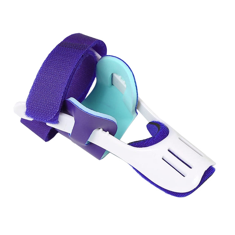 Blue and white big toe separator brace with turquoise inner pad and hook-and-loop strap