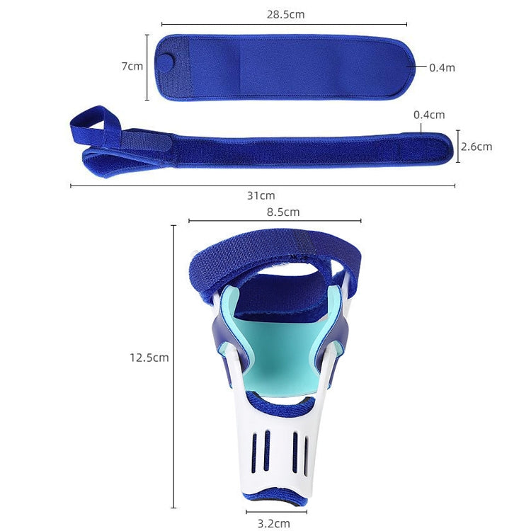 Blue toe splitter brace with strap and white spacer, shown with size measurement diagram