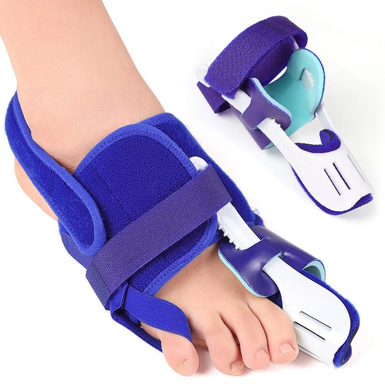Blue toe splitter brace with padded band and white spacer for big toe, two angles