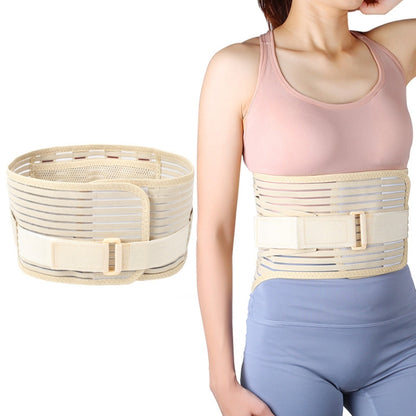 Beige postpartum waist trainer belt with adjustable front strap, worn at waist