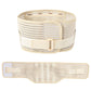 Beige waist trainer belt with mesh panels and hook-and-loop closure, laid flat