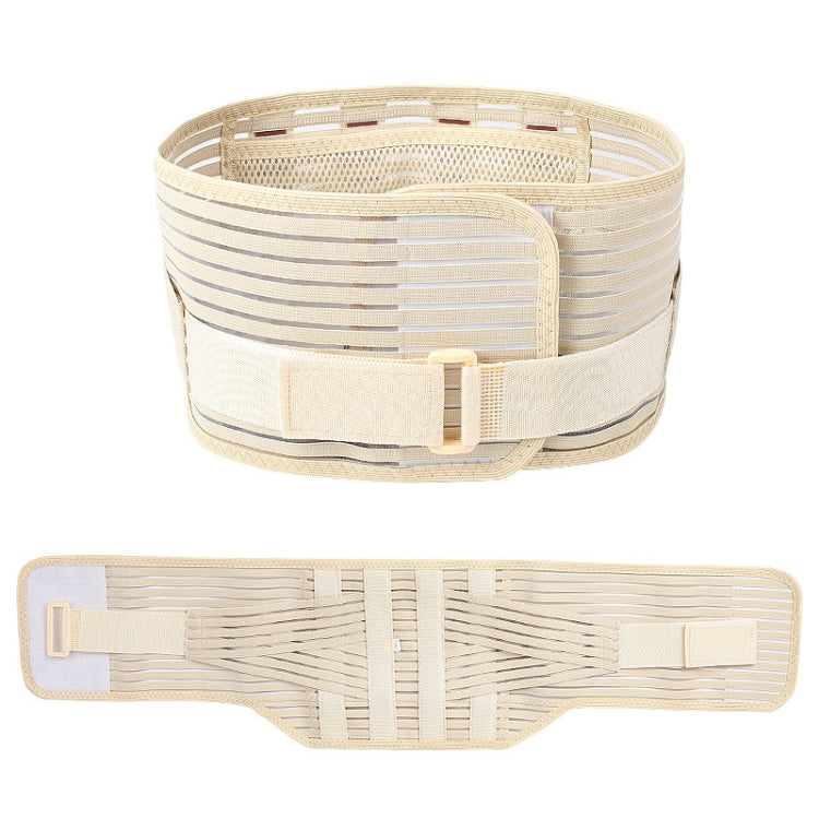Beige waist trainer belt with mesh panels and hook-and-loop closure, laid flat