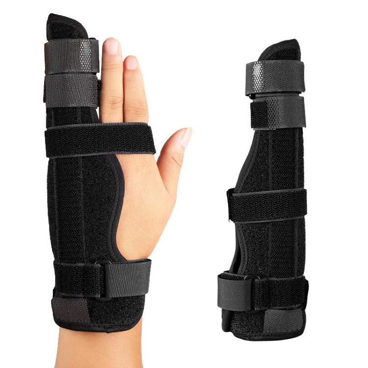 Black finger splint brace with multiple hook-and-loop straps, worn on hand